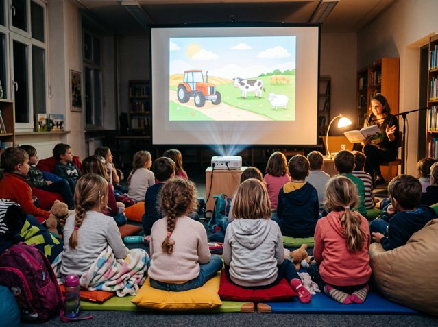 Kinder sitzen vor einer Leinwand beim Bilderbuchkino